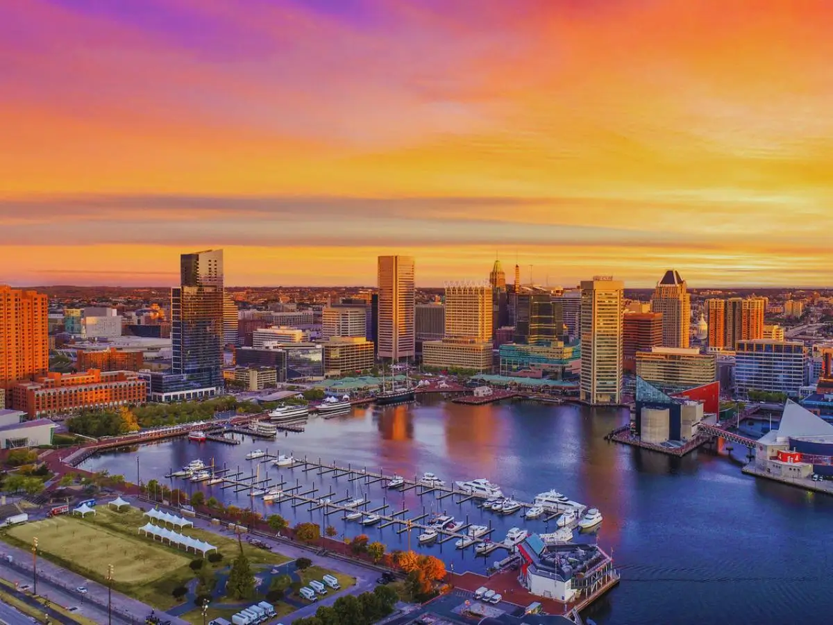 USA Inner Harbor Skyline Aerial, Baltimore, MD